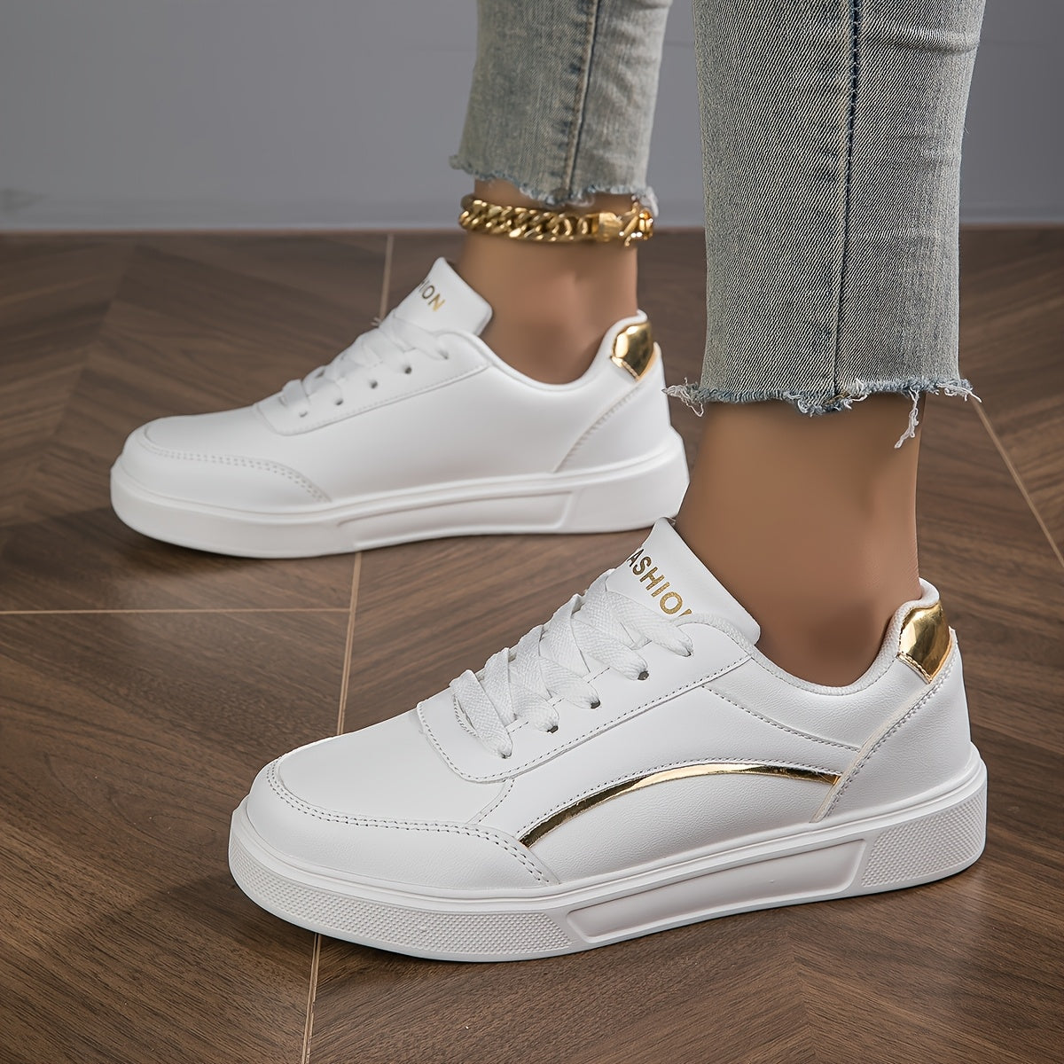 Women'S Stylish White Sneakers with Golden Accents - Casual Lace-Up Athletic Shoes for Outdoor Activities, Casual Wear, and Skateboarding, Casual Athletic Shoes | Trendy Casual Shoes | Durable Athletic Footwear